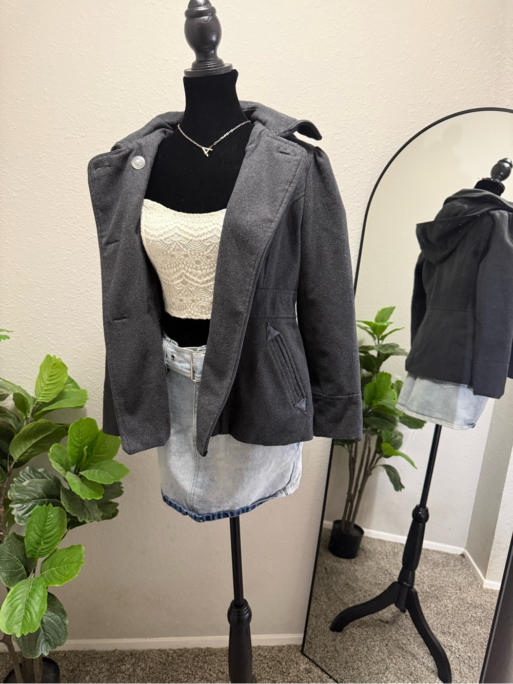 Miss London Charcoal Gray Hooded Pea Coat